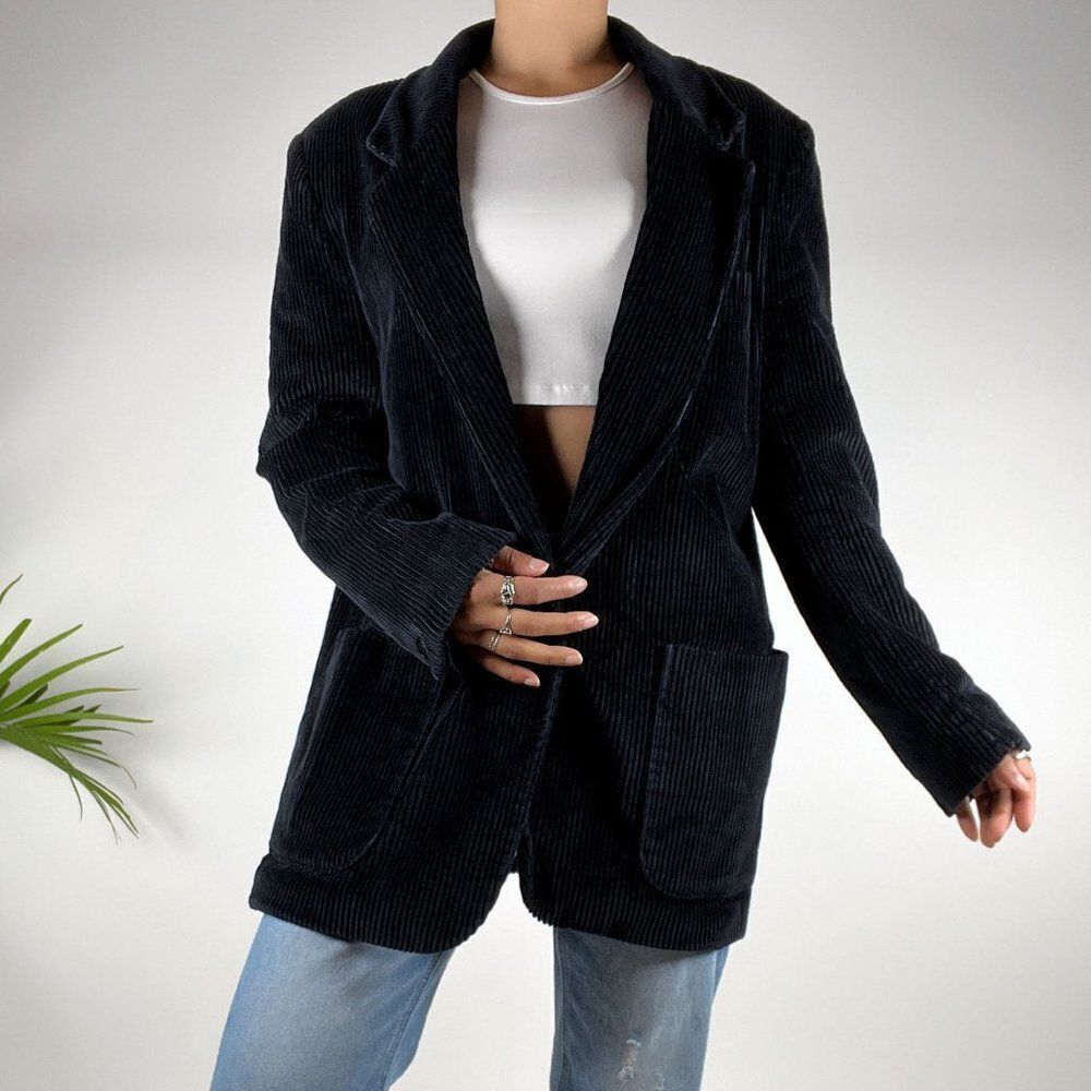 Vintage 90s Grunge Streetwear H.W. Black Corduroy Oversized Jacket / Size: 12